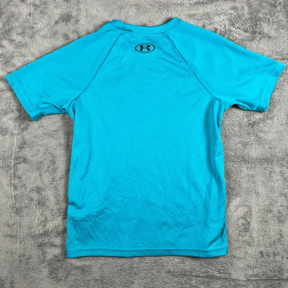 Under Armour Tech Shirt Youth Small Bright Blue Big Logo Loose Fit Performance